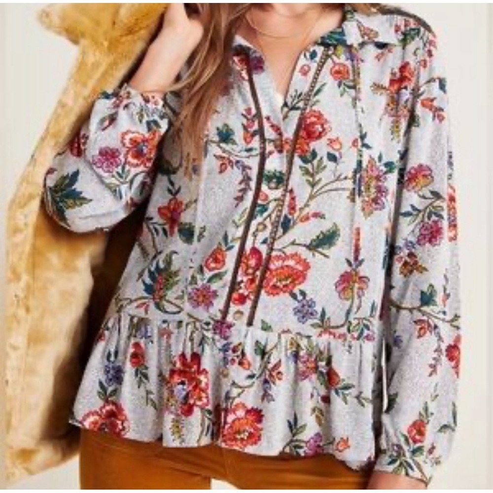 Maeve Anthropologie Janie Flounce Hem Button Up Polka Dot Floral Blouse Size 0 - Picture 1 of 11